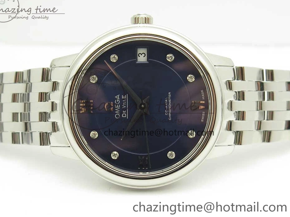 0105 TopPick De Ville Prestige Ladies 32.7mm SS MKF 1:1 Best Edition Blue Dial Diamonds Markers on SS Bracelet MIYOTA 7972